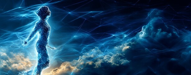 An ethereal figure surrounded by glowing energy, representing enlightenment and the connection between mind and universe.