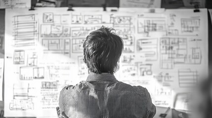 Architect reviewing complex building blueprints displayed on a large whiteboard