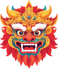 Vibrant stylized mythical creature mask with intricate gold crown and fierce expression, featuring red, blue, and yellow colors, in traditional Asian art style.