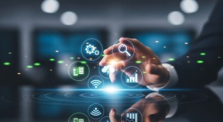 A person interacting with floating digital icons representing technology and data management tools