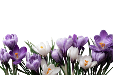A collection of purple and white springtime crocus flowers with black background
