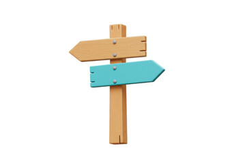 Isolated direction signs showing opposite directions with wooden pole and different colors