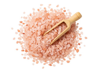 Himalayan pink salt crystals with wooden scoop isolated on transparent background PNG healthy...