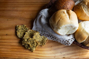 Top view of wholemeal, multigrain bread and golden toasted slices for a healthy and balanced breakfast. Copy space