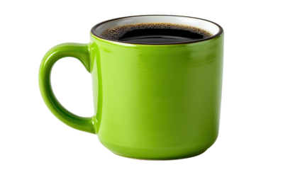 A vibrant green mug brimming with rich, dark coffee sits, isolated against a stark black background