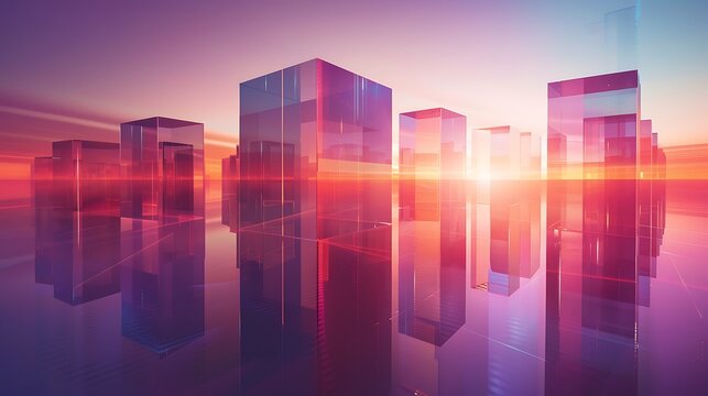 Abstract city skyline made of glass cubes reflecting sunset light on a reflective surface - Powered by Adobe