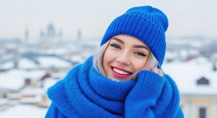 Happy young woman wearing bright blue knit hat and scarf against a snowy city skyline.