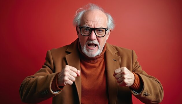 Upset senior man yells with clenched fists on red backdrop. Angry mature male with beard, glasses wearing brown jacket. Old person portrait shows annoyance, expression of rage frustration in