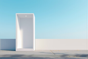 青空を背景にした屋外の白い展示ブースのモックアップ