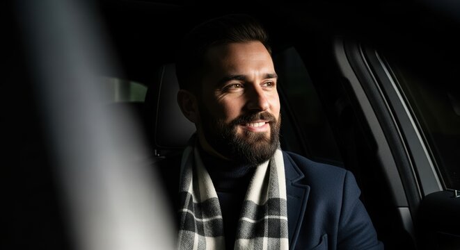 Stylish bearded man smiling happily while sitting in a luxury car interior at night. - Powered by Adobe