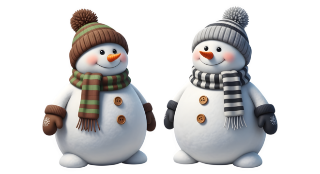 Two cute cartoon snowmen wearing knitted hats and scarves isolated on transparent background