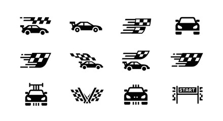 Collection of Racing Car Icons Representing Speed and Competition on a White Background