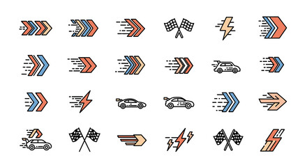 Collection of speed and racing icons including arrows lightning bolts race cars and checkered flags in a white background illustration