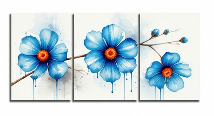 Triptych of blue watercolor flowers, a serene and calming artwork