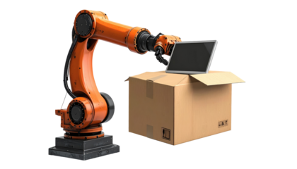 An orange robotic arm carefully places a tablet on an open cardboard box, depicting automated handling and technology