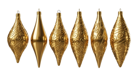 Six ornate golden teardrop shaped christmas ornaments isolated on transparent background