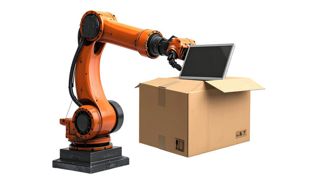 An orange robotic arm carefully places a tablet on an open cardboard box, depicting automated handling and technology - Powered by Adobe