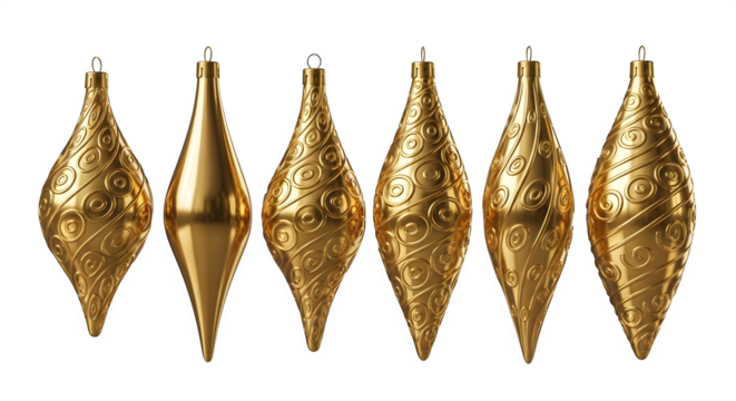 Six ornate golden teardrop shaped christmas ornaments isolated on transparent background
