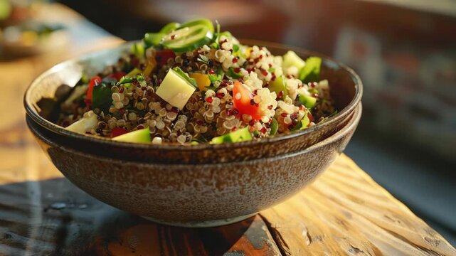 A bowl of quinoa salad with vegetables. The bowl is on a wooden table. The salad is colorful and appetizing