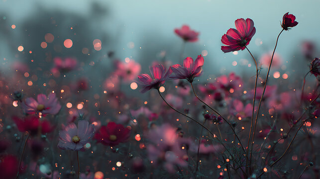Pink and red cosmos flowers with glowing bokeh lights pink flowers red flowers - Powered by Adobe