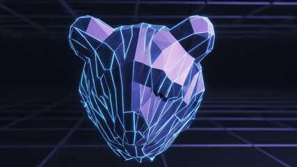 Low poly bear head with glowing neon blue outlines and purple facets on a dark grid background, futuristic wireframe 3d render evoking cyberspace, blockchain and ai themes - Powered by Adobe