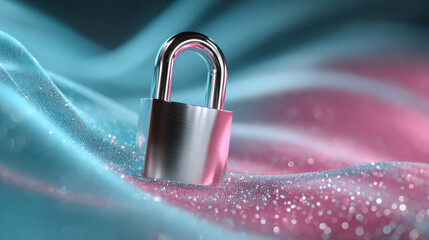 A glowing holographic padlock floats within a vibrant cloud of digital particles and data streams.