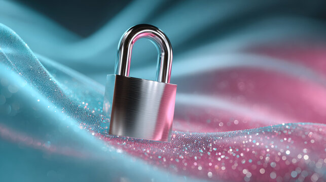 A glowing holographic padlock floats within a vibrant cloud of digital particles and data streams.