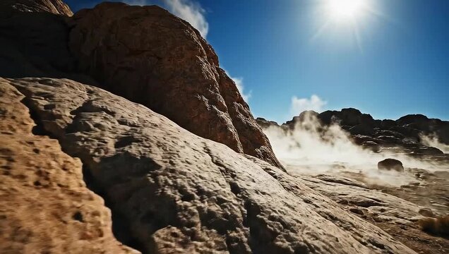 Geothermal activity in a rocky landscape with steam rising under a bright sun.