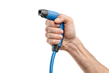 A hand firmly grips a blue charging cable against a stark black background