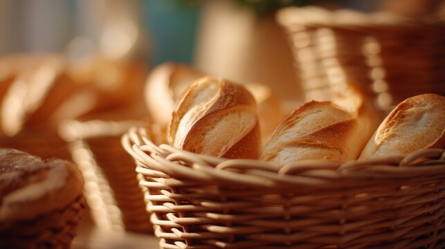 Freshly baked bread rolls in wicker baskets at a sunny bakery - Powered by Adobe
