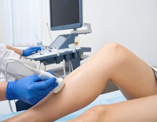 Medical professional performing an ultrasound scan on a patient's leg in a clinic