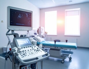 Medical ultrasound machine in a modern examination room, healthcare concept