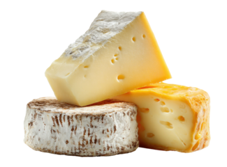 A stack of three artisanal cheeses on a transparent background, showcasing textures and colors