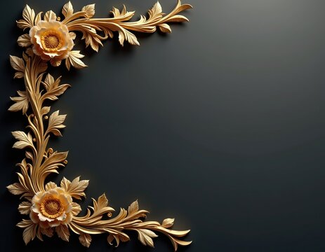 Golden floral ornamental corner decor on dark background. Intricate leaves and flowers add luxury. Elegant design element for invitations or luxury products.