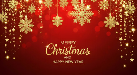 Merry Christmas and Happy New Year with a sparkling red background, falling stars, and hanging golden snowflake ornaments.