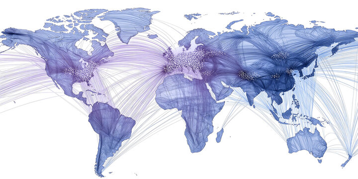 Earth map with blue light and purple hue in a simple style, depicting logistics routes