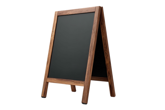 Wooden easel with chalkboard on a solid black background, ready for text or illustrations