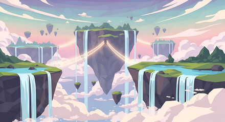 Low-Poly Fantasy Floating Islands Vector Background