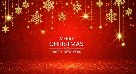 Merry Christmas and Happy New Year with a sparkling red background, falling stars, and hanging golden snowflake ornaments.