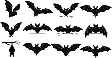Flying bat silhouette vector illustration set, spooky night animal collection for halloween decoration, horror theme, wildlife concept, fantasy art and design projects