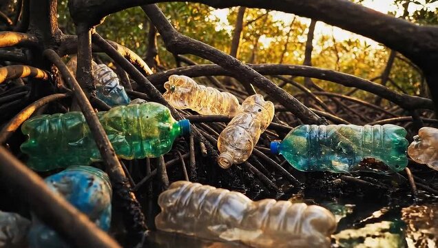 Plastic bottles polluting mangrove roots in a natural environment.