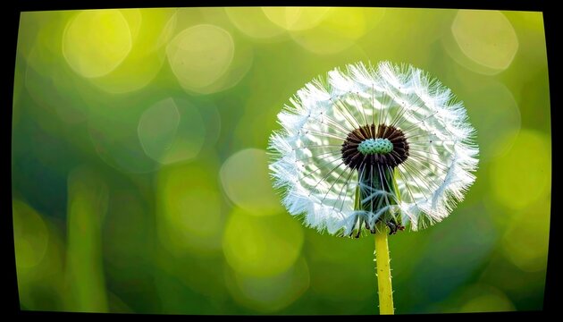 A delicate dandelion seed head stands out against a blurred green background with soft, luminous bokeh circles.