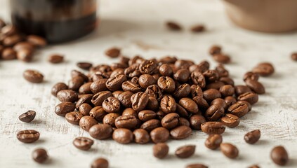 Brown Beans on White Surface Detailed Texture and Warm Lighting Organic Coffee Beans.