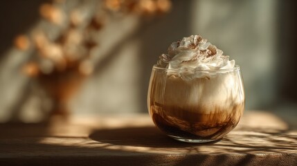 Elegant coffee drink with whipped cream on a textured wooden table