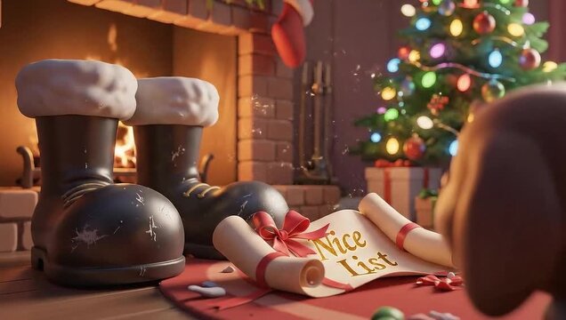 Santas Boots and Nice List by a Cozy Fireplace with a Christmas Tree.