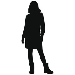 Stylish Woman Silhouette in Sweater Dress and Ankle Boots Vector Illustration. Isolated Fashion Model in Casual Winter/Fall Clothing, Female Outline, Minimalist Design