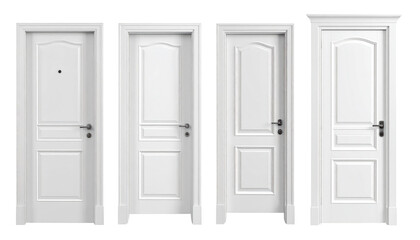 Four different white, paneled interior doors, each with a decorative design and silver hardware. They are set against a transparent background