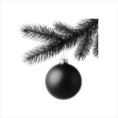 Halftone illustration of a Christmas bauble hanging on a fir branch on a white background. Retro dotted style holiday design.
