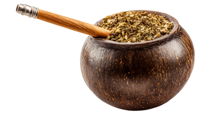 Traditional yerba mate drink in a coconut calabash gourd, a south american infusion known for its stimulating properties