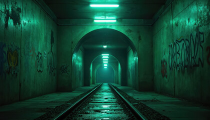 Fototapeta premium Dark urban subway tunnel with graffiti art illuminated by green neon lights. Train tracks stretch into the foggy distance, hinting at mystery and journeys. An eerie industrial passage.